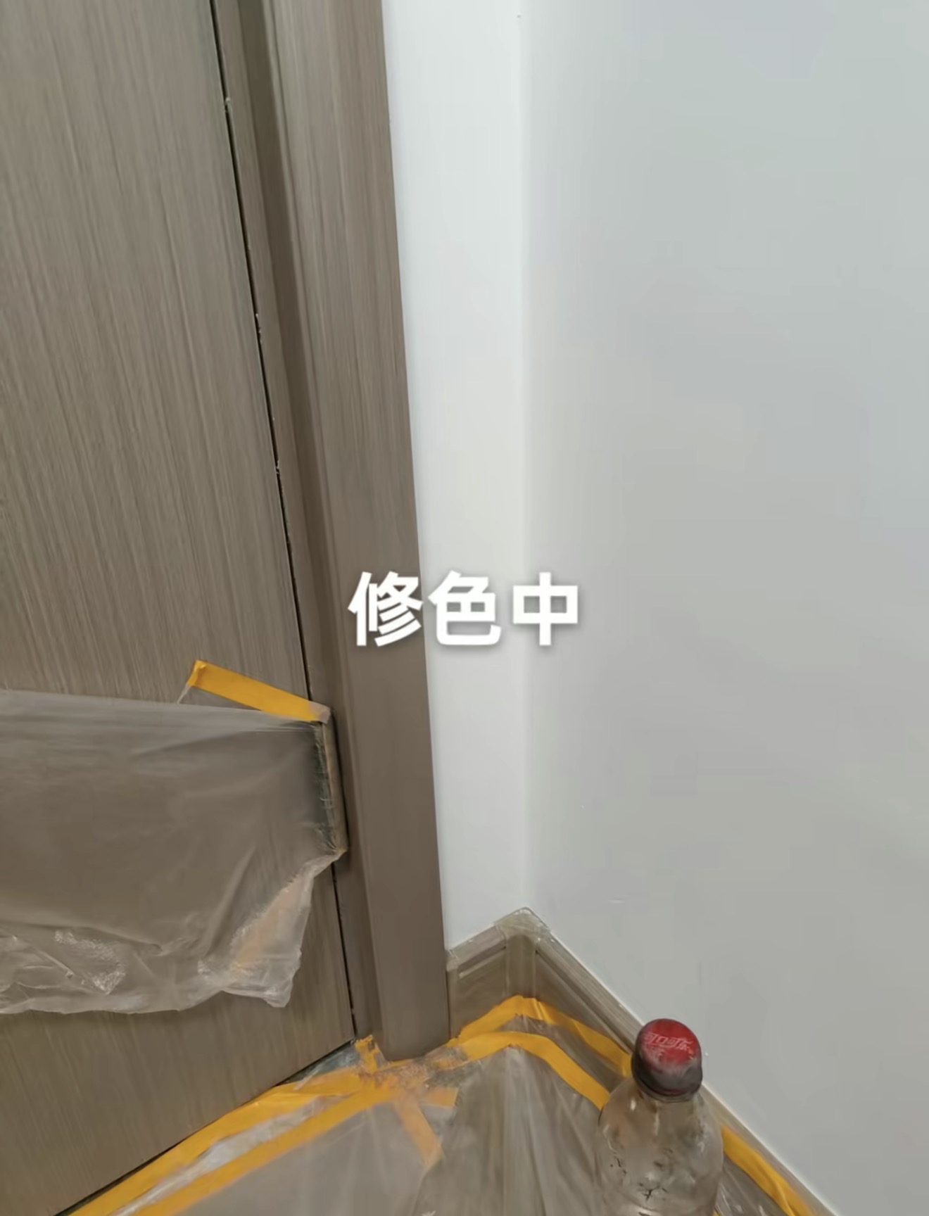 Pet-Damaged Door Frame Repair — In Progress: Colour finishing with surrounding areas protected.