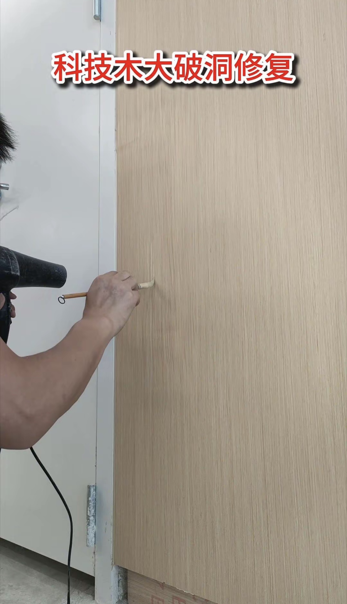 Door Panel Patch & Grain Finishing — In Progress: Further surface finishing during the repair.