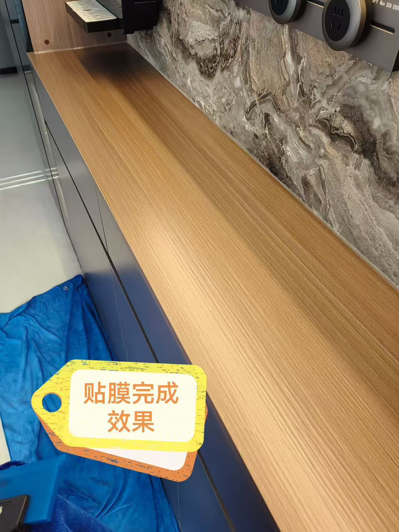 Marble Protection - Photo 12 — Project Photo: Wooden counter with protective film applied.