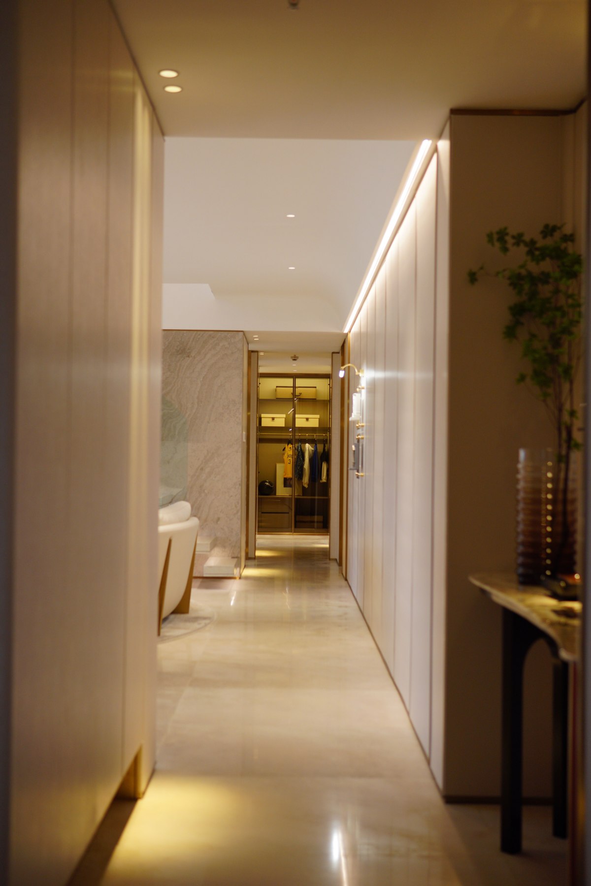 Modern property corridor with wood panels, doors and stone surfaces — illustrative stock photo