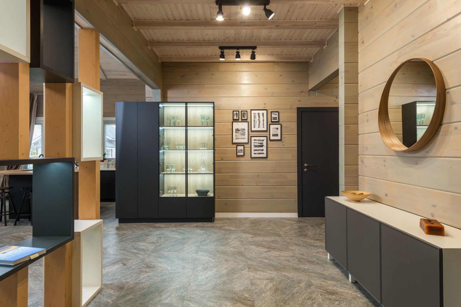 Built-in cabinetry and wooden interior details