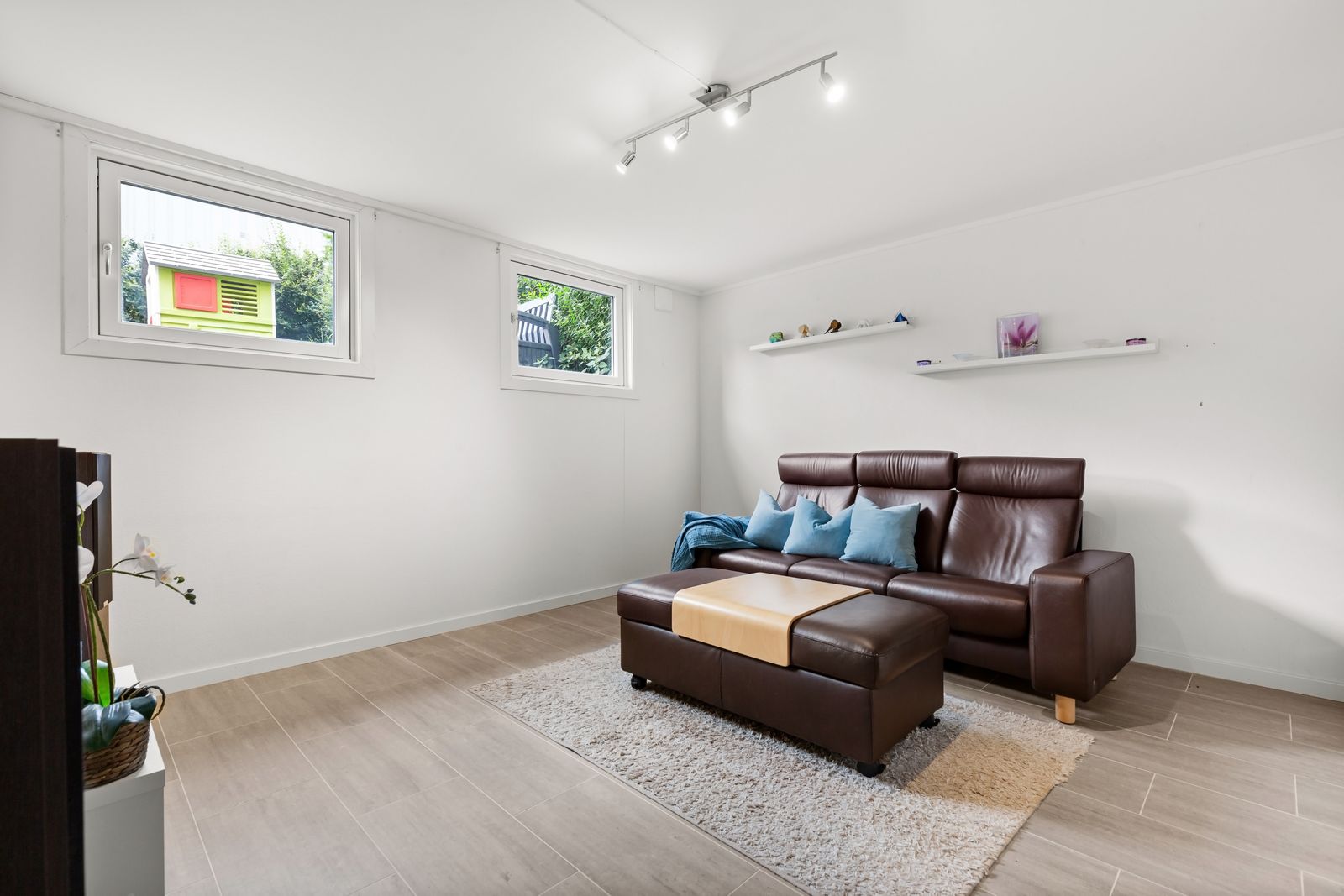 Brown leather sofa in a living room